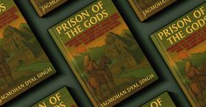 Book cover of Prison of the Gods by Jagmohan Dyal Singh. A lone figure on horseback gazes at a towering temple carved into a mountain, beneath a red sun and shadowed sky. The tagline reads: “Dumuzid was ensnared by an evil power. Ottarr was forced by a hi