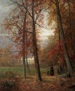 Oil on canvas, panel backed, by William Trost Richards (American, 1833-1905), titled Autumn Landscape (1876), signed and dated, 24 ¼ inches by 20 ¼ inches ($300,000).