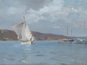 Oil on canvas by Irving Ramsay Wiles (American, 1861-1948), titled The White Sloop (Peconic Bay) from 1907, signed lower right, 20 ½ inches by 28 inches ($106,250).
