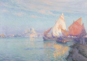 Oil on canvas from 1882 by William Launt Palmer (American, 1854-1932), titled Off the Public Gardens (Venice), signed, 24 ½ inches by 34 ½ inches ($68,750).