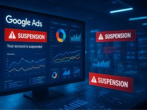A computer monitor displays a Google Ads dashboard with charts, graphs, and performance data, overlaid by prominent red warning banners reading “Suspension” and “Your account is suspended.” Additional floating suspension alerts appear in the background, e