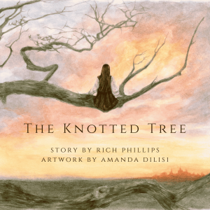 Illustration of a large, weathered tree with long, twisting branches stretching across the image. A young girl sits alone on one of the branches, looking toward a soft, glowing sunset of pink and orange hues on the horizon. The scene feels quiet, reflecti