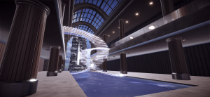 Virtual 3D Luxxacation Spa featuring a two-story rock wall waterfall flowing into a narrow reflecting pool, flanked by wood-paneled colonnades and twin glass spiral staircases beneath a glass barrel-vaulted ceiling.