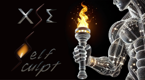 XSE Self Sculpt logo in silver and red metallic letters alongside a wireframe muscular arm holding a flaming torch