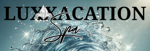 Luxxacation Spa with a diamond fleur-di-lis logo placed over a shimmering water splash.