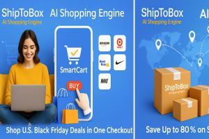 ShipToBox AI interface showing Smart Cart, U.S. retailer icons, and global shopping features.