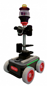 Compact autonomous robot with camera sensors and all-terrain wheels, designed for real-time patrol, monitoring, and enforcement.