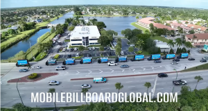 Nationwide Mobile Billboard Global fleet unit positioned in a high-traffic urban area to maximize brand visibility and audience engagement.