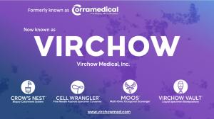 The company's old coporate logo, Corramedical, and the company's new wordmark logo, Virchow Medical, along with new univying logos for the company's four products