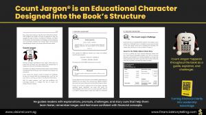 Visual pages from “Once Upon a Balance Sheet” showing Count Jargon®, the author-created and trademarked learning plush integrated into the book’s explanations and challenges.