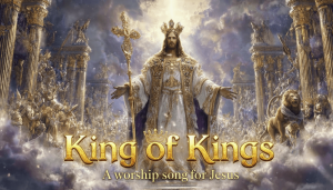 Jesus Christ depicted as the King of Kings, wearing a crown and royal robes and holding a golden cross scepter. He stands surrounded by golden pillars, worshipping figures, and a lion, over text reading "King of Kings, A worship song for Jesus.