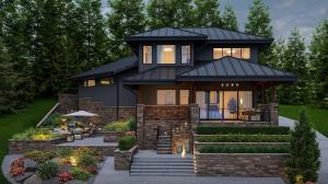 Ariana Designs & Interiors modern architectural home with black metal roof, stone facade, glass sliding doors, tiered outdoor terraces, integrated landscape lighting, and lush greenery throughout the forested setting.