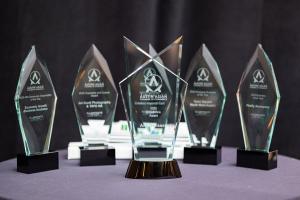 Five trophies signifying the 2025 GAACC Business Awards.