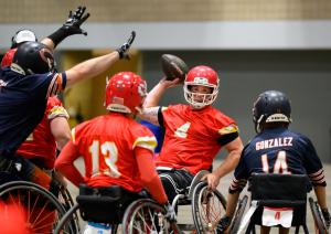 Kansas City Chiefs Wheelchair Football Team Quarterback throws a pass against the GLASA Chicago Bears Team in the 2024 Championship Game