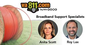 Anita Scott and Roy Lax, Virginia 811 Broadband Support Specialists, pictured with a highway cable background and Virginia 811 logo.