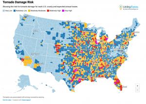 US Map Showing the risk for tornado-related damage for each U.S. county and expected annual losses