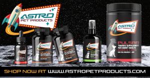 An image of the dark packaging of the AstroPet brand, several products appearing to sit on the moon with the AstroPet Logo in the top left and a call to action at the bottom inviting shoppers to head over to www.AstroPetProducts.com now to shop.