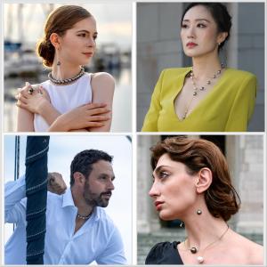 Photo of 4 models wearing Holly Zhang Pearl Gallery jewelry - 3 female models and 1 male model.