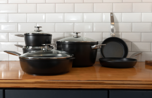 Swiss Diamond cookware on a kitchen counter.