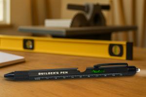 Close-up of a black Lucky Jack Builder’s Pen on a wooden workbench with a yellow level and saw in the blurred background, showing the pen’s ruler markings and built-in bubble level.