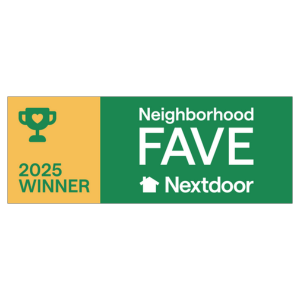2025 Nextdoor Neighborhood Fave winner badge received by Dom Roofing & Restoration for trusted roofing services.
