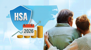 HSA 2026 shield with calendar and stacked coins next to couple planning healthcare savings in North Carolina