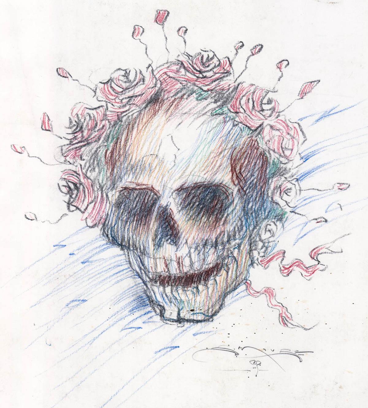 Original drawing by Stanley Mouse (American, b. 1940), featuring the artist’s iconic Skeleton and Roses image, drawn with colored pencil and hand signed. Estimate: $2,500-$3,500.