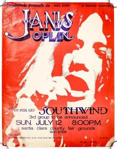 Original paper concert poster advertising Janis Joplin at the microphone, performing at the Santa Clara County Fairgrounds in San Jose, Calif., in July 1970. Estimate: $1,000-$1,500.
