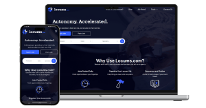 Locums.com redesigned homepage displayed on desktop and mobile screens, showing faster navigation and expanded tools for locum tenens providers and recruiters.