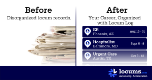 Side by side comparison showing disorganized locum tracking before the Locum Log and streamlined assignment and document management after using the Locum Log.