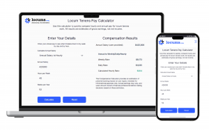 Locums.com Locum Pay Calculator displayed on desktop and mobile screens, illustrating how providers can estimate pay for locum tenens assignments.