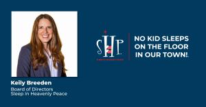 Professional headshot of Keily Breeden, a woman with long brown hair wearing a navy blazer and light-colored blouse, smiling at the camera. To the right is the Sleep in Heavenly Peace logo and tagline "NO KID SLEEPS ON THE FLOOR IN OUR TOWN!" on a dark bl