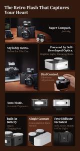 Close-up image of the Zeniko ZA12 Dual-Dial Camera Flash showing its silver dials, aluminum body, and compact 60g design.