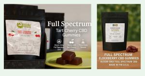 Tart Cherry and Elderberry full-spectrum CBD gummy bags with gummies arranged in front on a clean background.