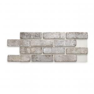 Close-up of Tahoe Brickwebb thin brick in a premium whitish clay finish, attached to a mesh backing for easy, pre-spaced installation.