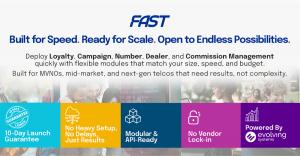 Promotional graphic for FAST by Evolving Systems highlighting its modular telecom solutions, 10-day launch guarantee, no heavy setup, API-ready design, no vendor lock-in, and cloud-native architecture.