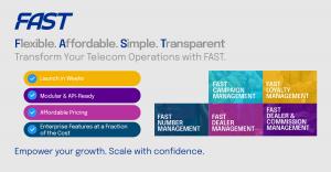 Graphic showcasing the FAST solution suite with modules for Campaign Management, Loyalty Management, Number Management, Dealer Management, and Dealer & Commission Management. Includes benefits such as Launch in Weeks, Modular & API-Ready, Affordable Prici