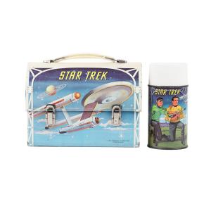 American 1968 Star Trek domed (not rectangular) lunch box with thermos in excellent condition. Captain Kirk and Dr. Spock are featured prominently. Estimate: CA$1,000-$1,200.