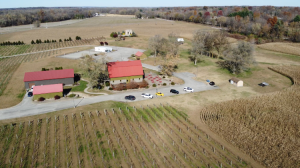 Aerial view of Chateau De Pique Winery in Seymour, Indiana, a 97-acre turnkey winery and event venue with vineyards, production buildings, and farmland, selling at absolute auction.