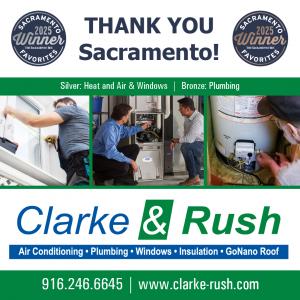 Clarke & Rush Mechanical team holding 2025 Sacramento Favorites Awards for HVAC, plumbing, and windows in Sacramento, California.