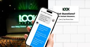 A LOOK Cinemas employee holding a smartphone displaying the EasyBotChat assistant answering a guest coupon question, with an NFC tap sign and a theater screen in the background.