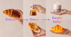 From leftover croissants to aroma extract, then handcrafted into a sustainable candle and lamp — the full transformation at a glance.