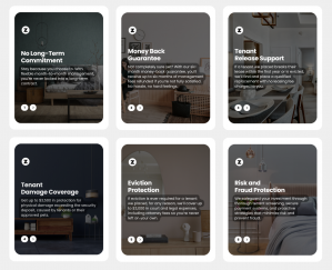 Zulma Real Estate Risk-Free Guarantees infographic displaying six landlord protections including No Long-Term Commitment, Money Back Guarantee, and Eviction Protection.