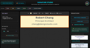 Signature Studio interface for creating cryptographic email signatures - text input panel, live preview canvas showing "Robert Chang Principal Architect" signature with orange border, and advanced controls including font selection and signature templates