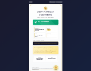 Certificate of Uniqueness document showing verified unique status for DBSCAN-generated email signature, displaying Tier 3 Elite level, creation timestamp, 512-bit cryptographic seed hash, and Smart Banner Hub LLC issuer verification seal