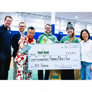 Group photo of Jim and Mia Cassady of Dill Dinkers Newport, Jordan Seemans of Harvey Hanna, Johnny Pickles, and Food Bank of Delaware representatives Larry Haas and Jessi Dominguez celebrating the completion of the 24 Hour Pickleball Marathon.