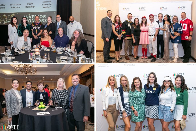 Four photos showing groups of attendees at the ACEE Champions in Education event; people pose at tables and in front of ACEE backdrops wearing business or sports-themed attire, smiling and celebrating together.