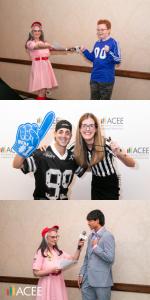 Three photos featuring Board member Kris Anest in a pink baseball-themed outfit interviewing two students, and Dr. Emily Schwartz—dressed as a referee—posing with emcee Nick Ciletti. All scenes capture lively, sports-inspired moments from the ACEE Champio