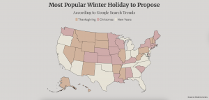 U.S. map showing which are the most popular winter holidays to propose