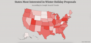 U.S. heat map showing the states most interested in winter holiday proposals